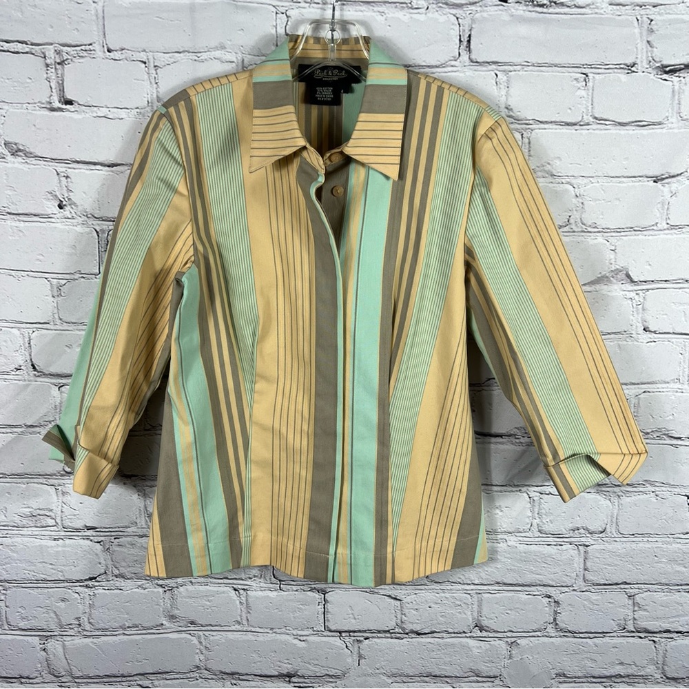 Peck & Peck Chic Tan and Teal Striped Button-Up Shirt Size 4 (E13)